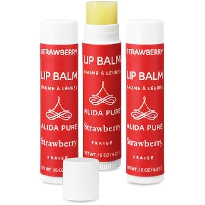 ALIDA PURE STRAWBERRY LIP BALM COLLECTION, VEGAN LIP BALM SET, BEESWAX FREE, WITH AVOCADO OIL, ORGANIC JOJOBA OIL, AND VITAMIN E, NATURAL MOISTURIZER FOR DRY, CHAPPED LIPS, 3 TUBE SET - Image 1